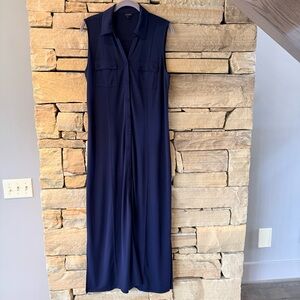Sleeveless Navy Maxi Dress Button Up Collared Easy Care Shirt Dress